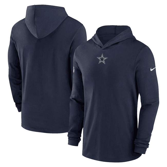 Men's Dallas Cowboys Navy Sideline Performance Long Sleeve Hoodie T-Shirt